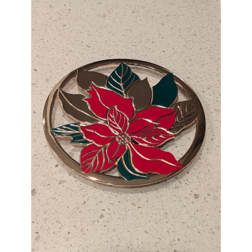 Christmas Trivet‎ Vintage Poinsettia Kitchen Red Green Gold Metal Holiday Decor